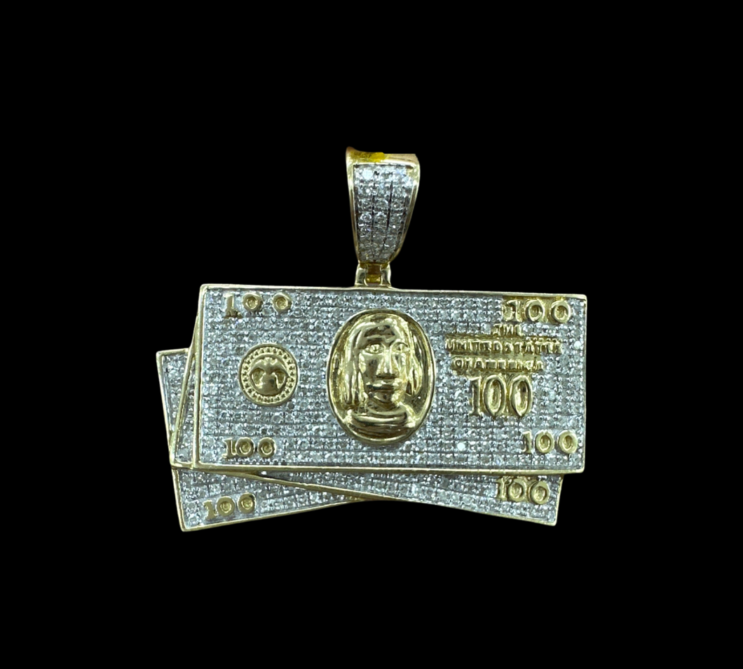 10KT Diamond Pendant, $100 BILL, Brand New (With Tags), (.80CT)