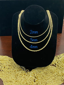 10KT 2/3/4MM SOLID DIAMOND CUT ROPE CHAINS (18”-26”)
