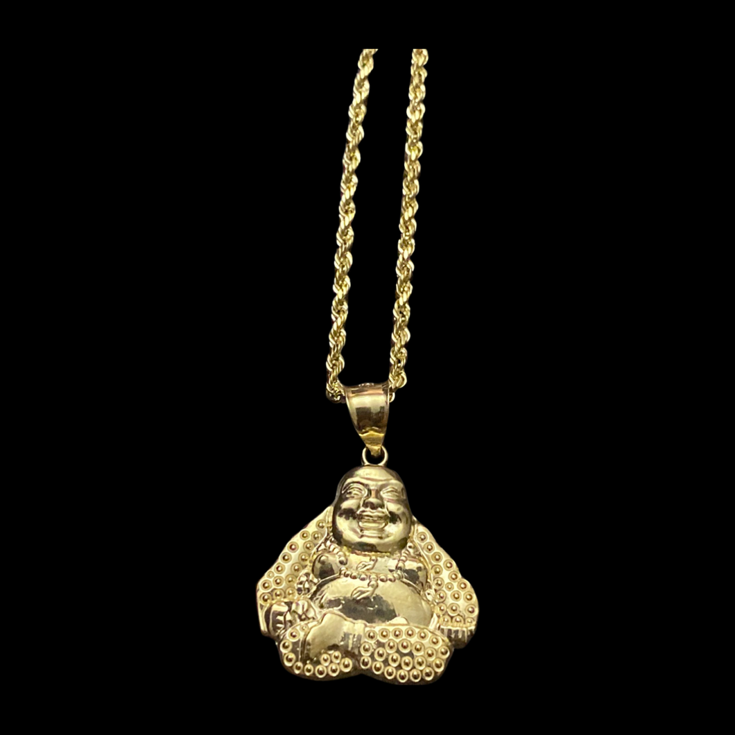 10KT Buddha Pendant With 10KT 2MM Hollow Diamond Cut Rope Chain 16