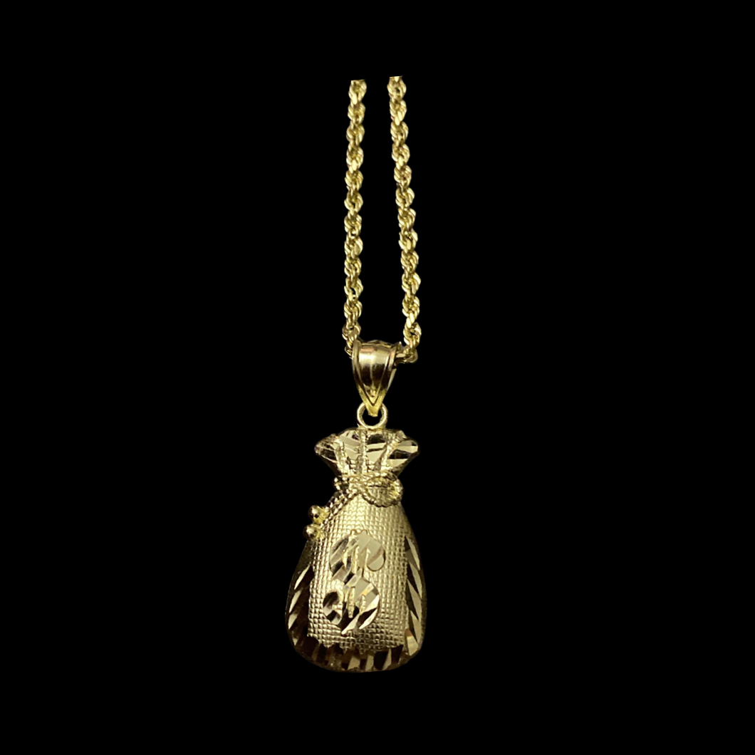 10KT Money Bag Pendant With 10KT 2MM Hollow Diamond Cut Rope Chain 16