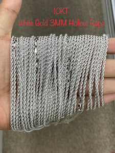 10KT White Gold 3MM Hollow Rope Chain 16”-24”