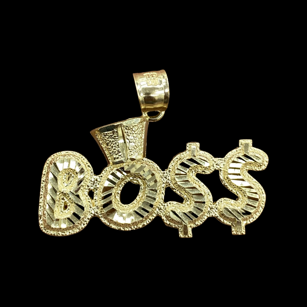 10KT Yellow Gold Men's Boss, Bo$$ Pendant, High Polish Diamond Cut, Brand New