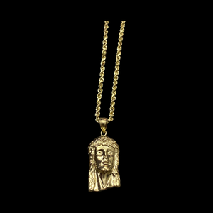10KT Jesus Head Pendant With 10KT 2MM Hollow Diamond Cut Rope Chain 16"-24"