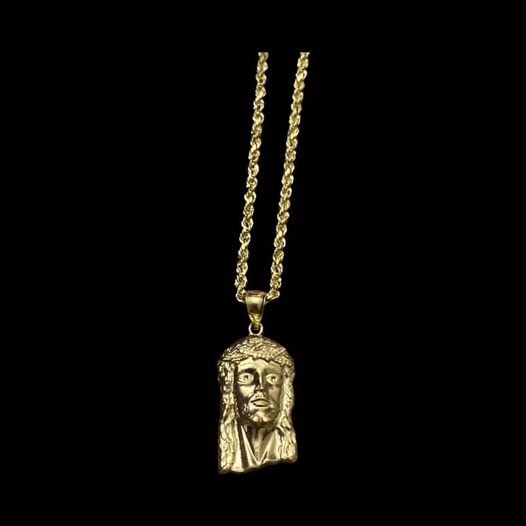 10KT Jesus Head Pendant With 10KT 2MM Hollow Diamond Cut Rope Chain 16
