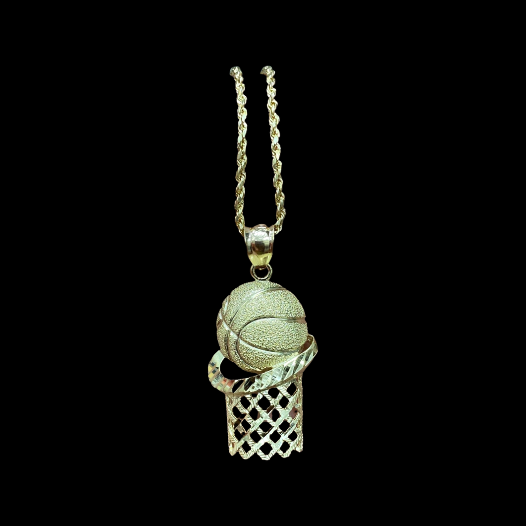 10KT Basketball Pendant With 10KT 2MM Hollow Diamond Cut Rope Chain 16