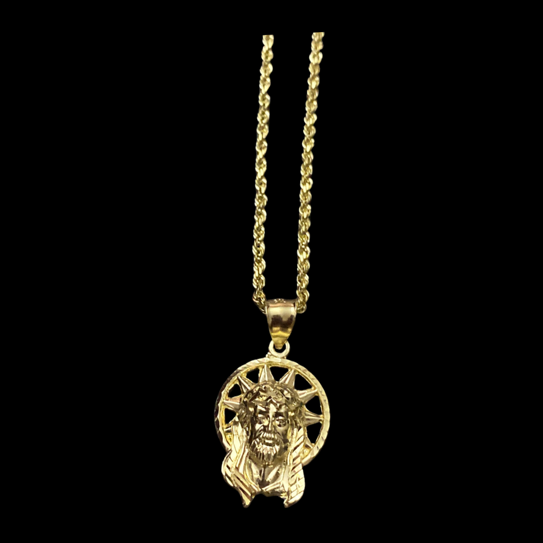10KT Jesus Head With Halo Pendant With 10KT 2MM Hollow Diamond Cut Rope Chain 16