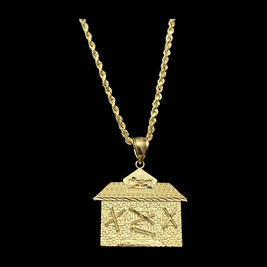 10KT Trap House Bando Pendant With 10KT 2MM Hollow Diamond Cut Rope Chain 16