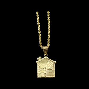 10KT Small Trap House Pendant With 10KT 2MM Hollow Diamond Cut Rope Chain 16"-24"