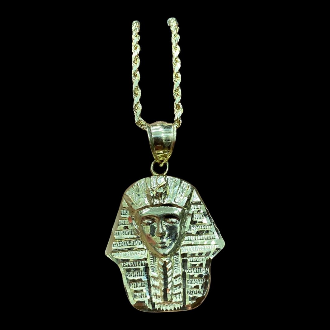 10KT Pharaoh Pendant With 10KT 2MM Hollow Diamond Cut Rope Chain 16