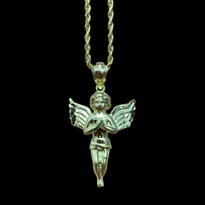 10KT Angel Pendant With 10KT 2MM Hollow Diamond Cut Rope Chain 16"-24"