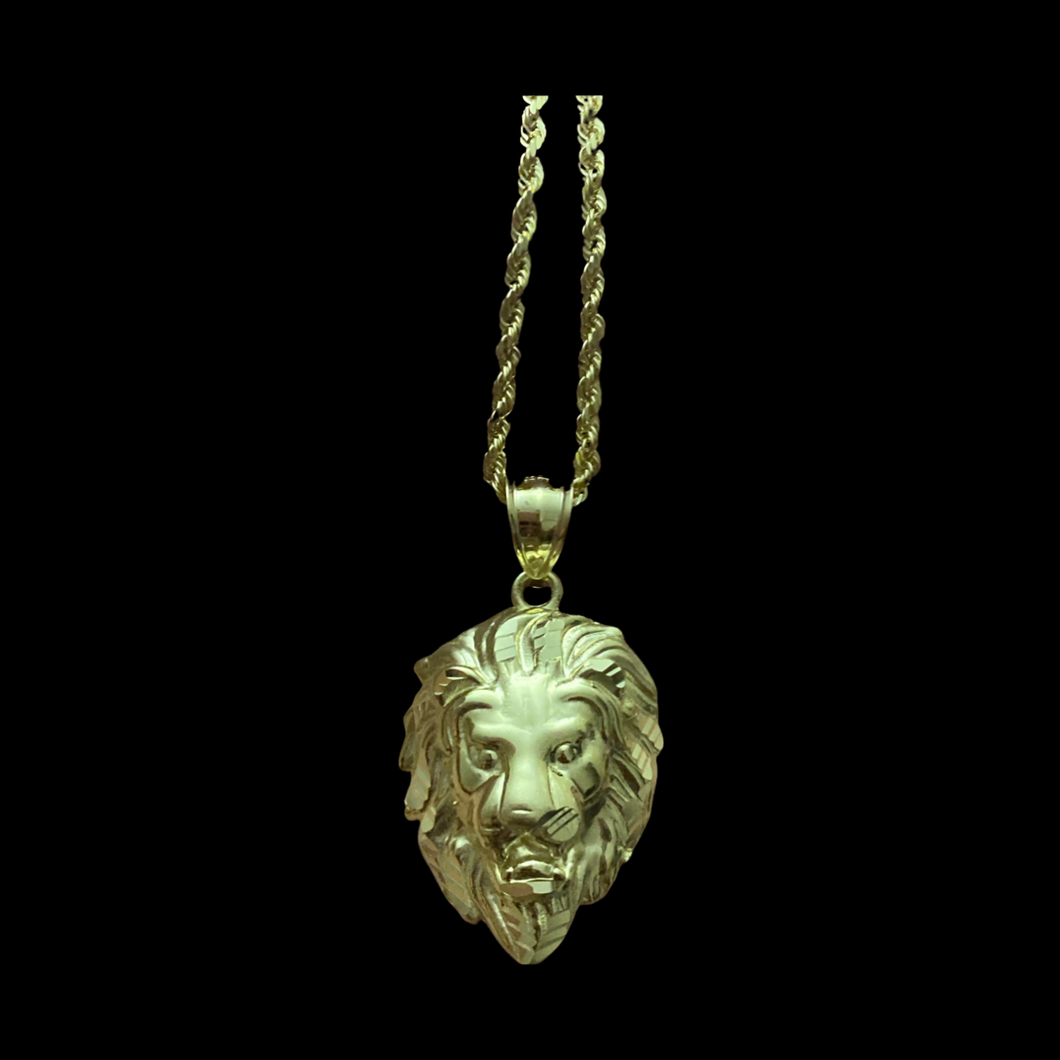 10KT Lion Head Pendant With 10KT 2MM Hollow Diamond Cut Rope Chain 16