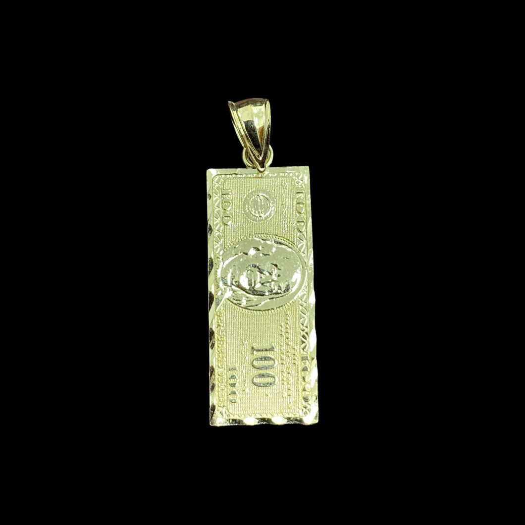 10KT Yellow Gold Diamond Cut Small $100 Bill Pendant, Brand New