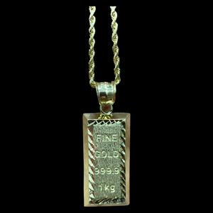 10KT Fine Gold Bar Pendant With 10KT 2MM Hollow Diamond Cut Rope Chain 16"-24"