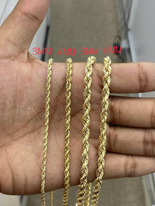 10KT 3/4/5/6MM Hollow Diamond Cut Rope Chain/Bracelet (8" / 18"-26")