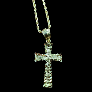 10KT Diamond Cut Cross Pendant With 10KT 2MM Hollow Diamond Cut Rope Chain 16"-24"