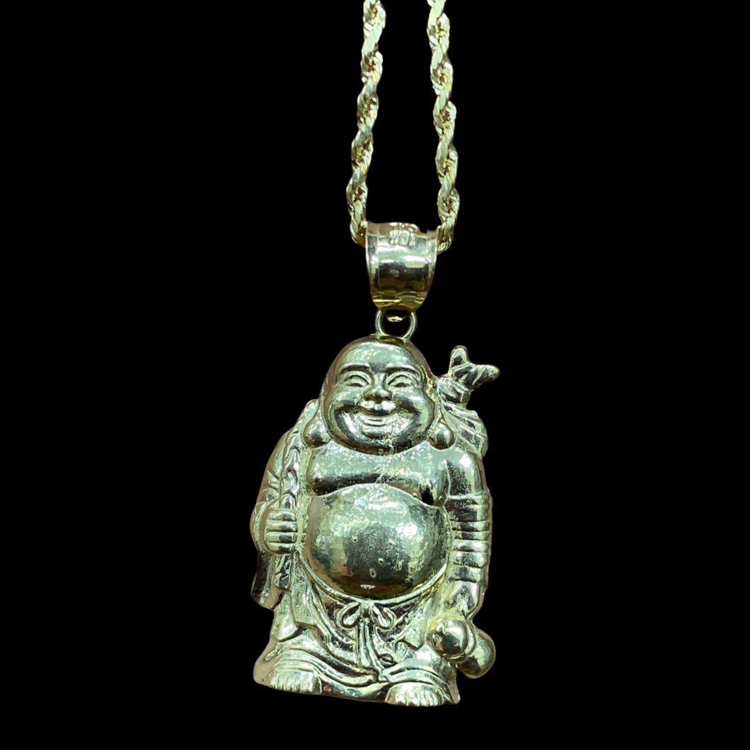 10KT Buddha Pendant With 10KT 2MM Hollow Diamond Cut Rope Chain 16
