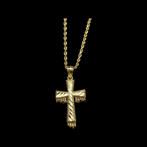 10KT Dripping Cross Pendant With 10KT 2MM Hollow Diamond Cut Rope Chain 16"-24"
