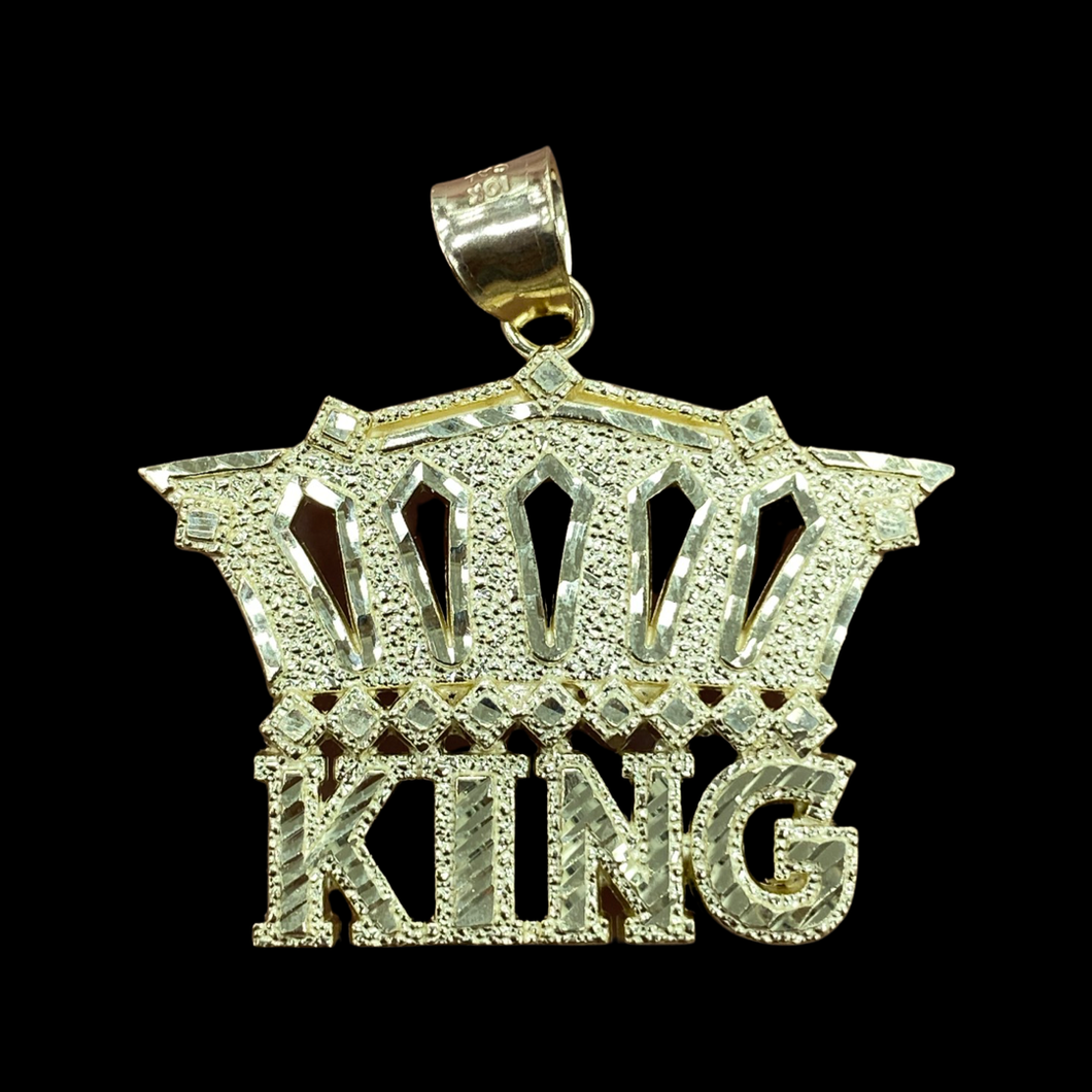 10KT Yellow Gold Men's King Crown Pendant, High Polish Diamond Cut, Brand New