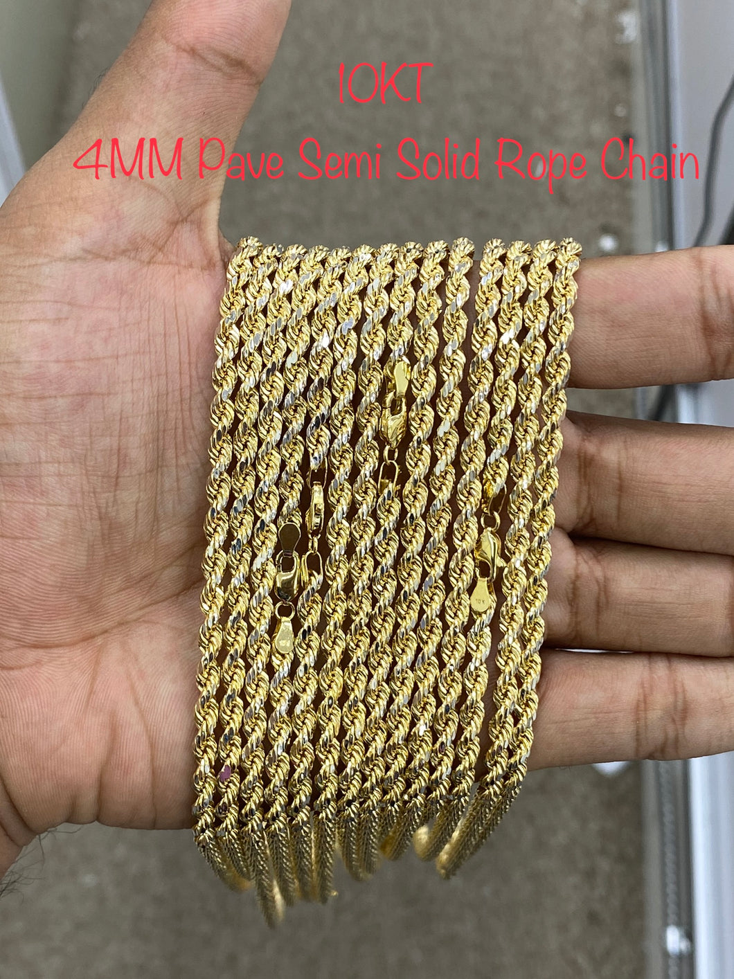 10KT 4MM Pave Semi Solid Rope Chain 18”-24”