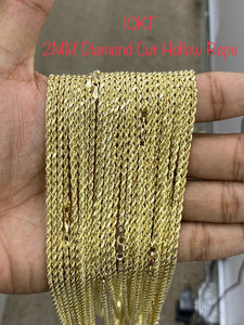 10KT 2MM Diamond Cut Hollow Rope Chain 16”-24”
