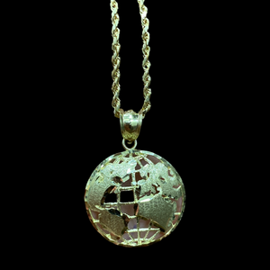 10KT Globe Pendant With 10KT 2MM Hollow Diamond Cut Rope Chain 16"-24"