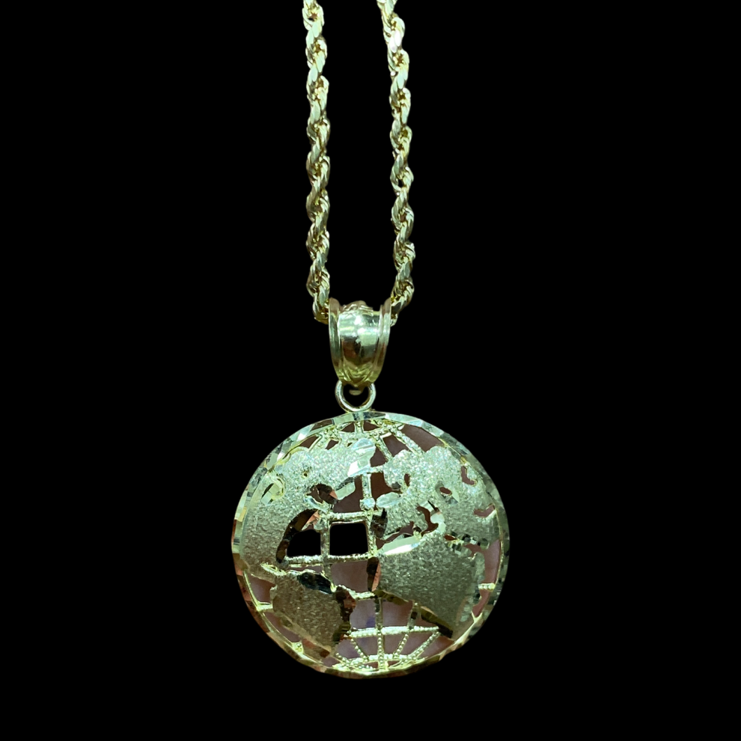 10KT Globe Pendant With 10KT 2MM Hollow Diamond Cut Rope Chain 16