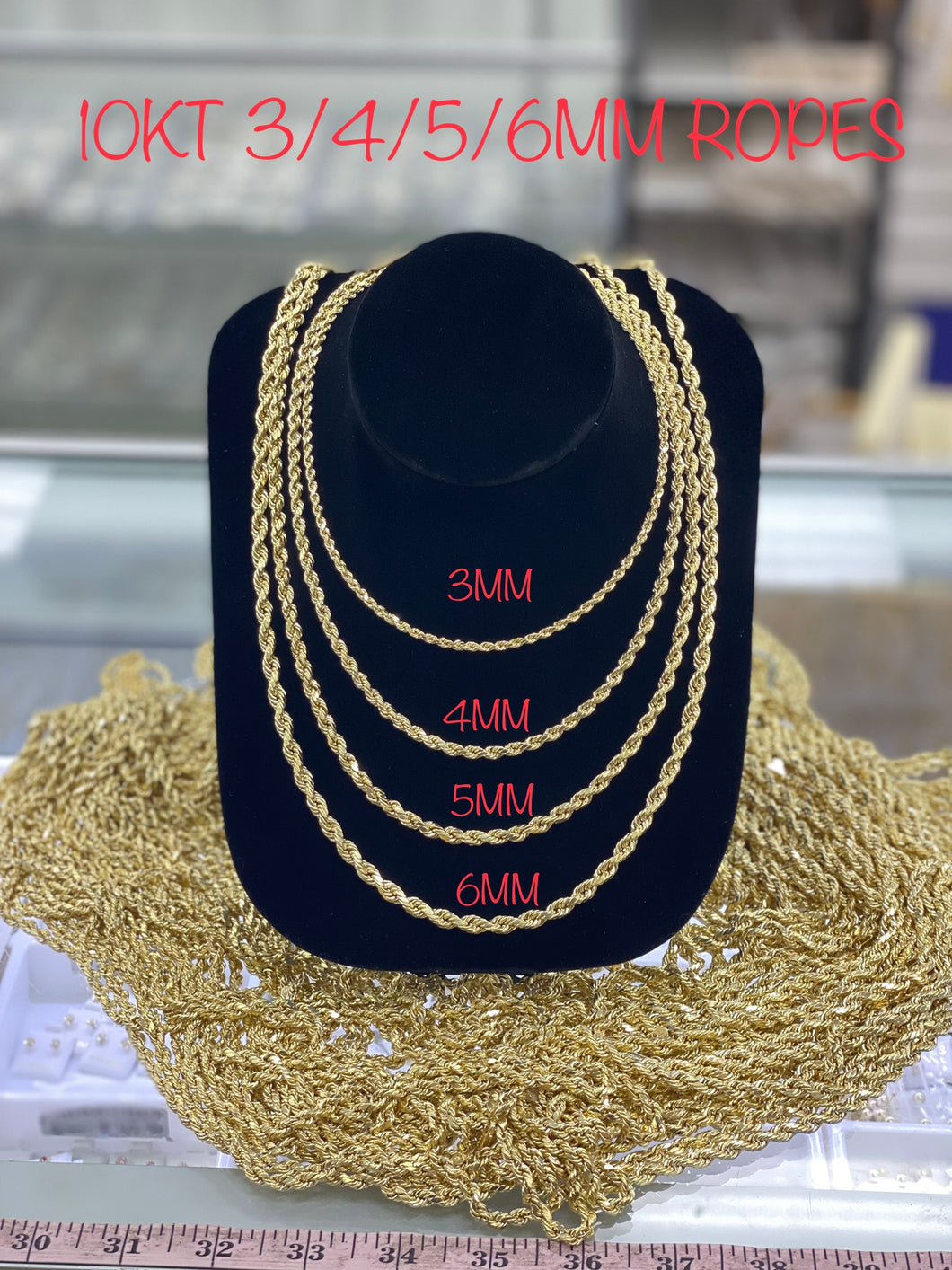 10KT 3/4/5/6MM Hollow Diamond Cut Rope Chain/Bracelet (8