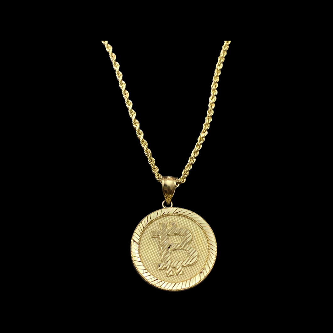 10KT Bitcoin  Pendant With 10KT 2MM Hollow Diamond Cut Rope Chain 16