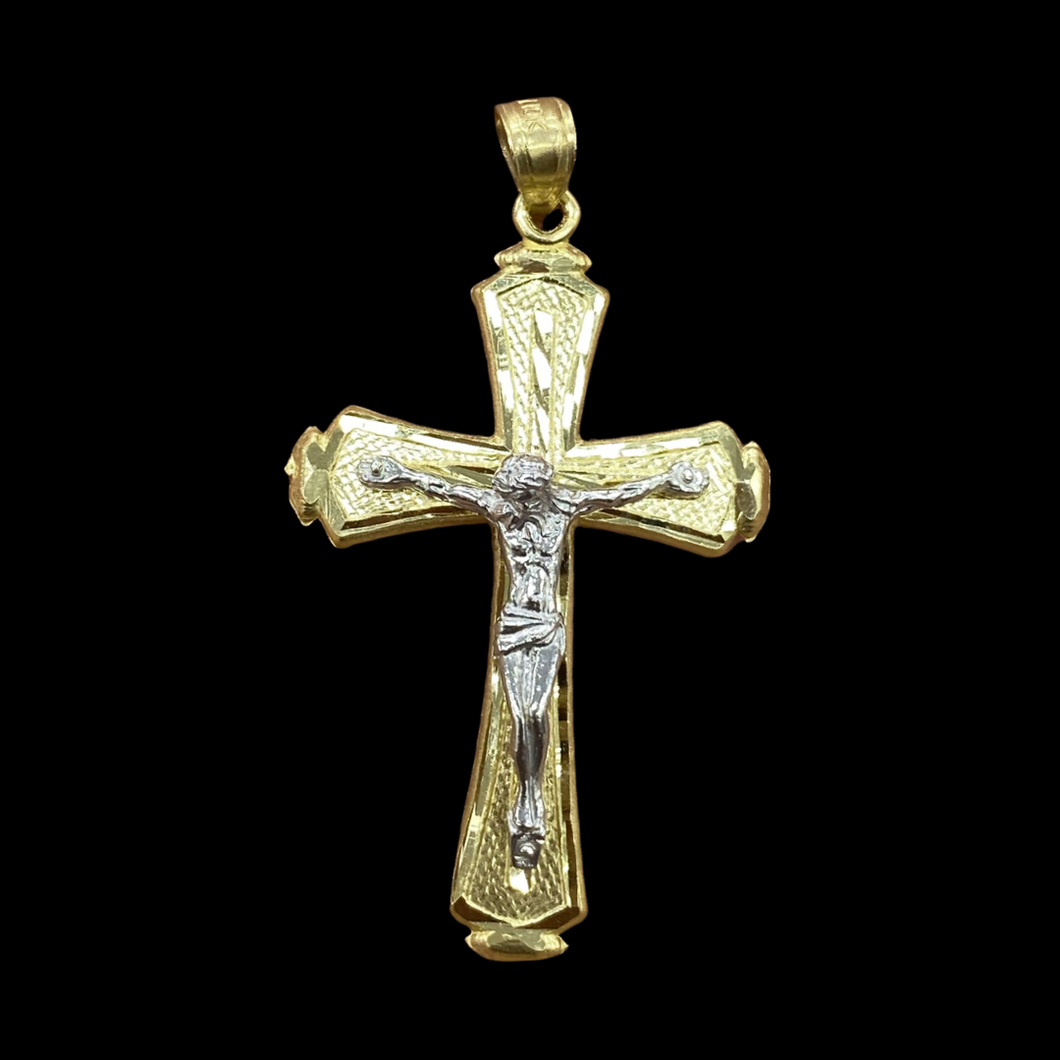 10KT Yellow Gold Men's Pave Crucifix Cross Pendant, High Polish Diamond Cut, Brand New