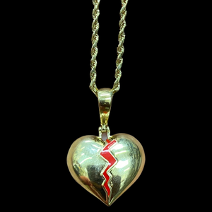 10KT Broken Heart With Red Enamel Pendant With 10KT 2MM Hollow Diamond Cut Rope Chain 16"-24"