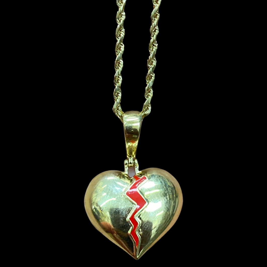10KT Broken Heart With Red Enamel Pendant With 10KT 2MM Hollow Diamond Cut Rope Chain 16