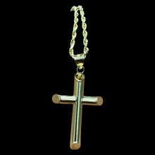 Load image into Gallery viewer, 10KT Tube Cross Pendant With 10KT 2MM Hollow Diamond Cut Rope Chain 16&quot;-24&quot;
