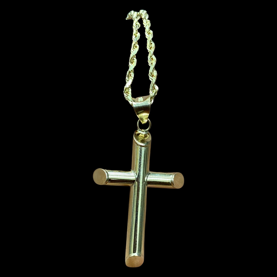 10KT Tube Cross Pendant With 10KT 2MM Hollow Diamond Cut Rope Chain 16