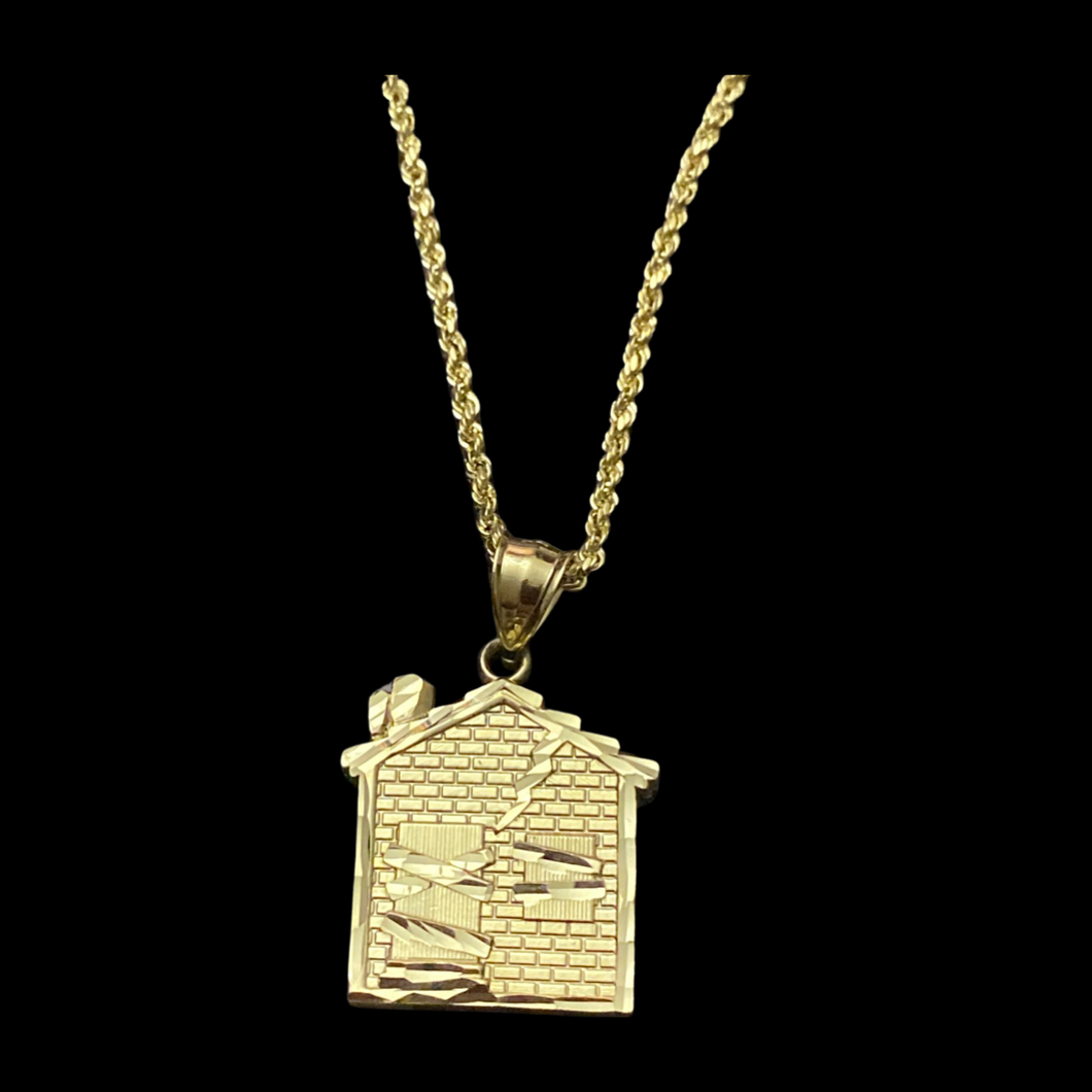 10KT Trap House Pendant With 10KT 2MM Hollow Diamond Cut Rope Chain 16