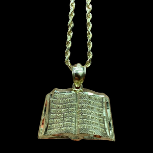 10KT Holy Bible  Pendant With 10KT 2MM Hollow Diamond Cut Rope Chain 16"-24"