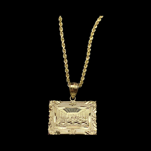 10KT Rectangle Last Supper Pendant With 10KT 2MM Hollow Diamond Cut Rope Chain 16"-24"
