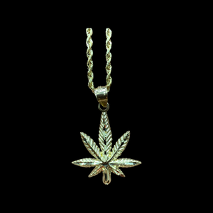10KT Marijuana/ Weed Pendant With 10KT 2MM Hollow Diamond Cut Rope Chain 16"-24"