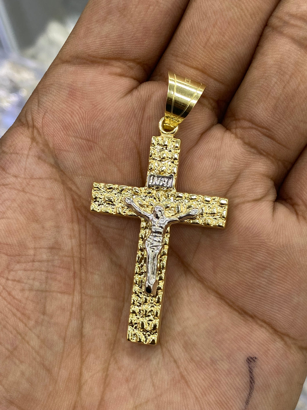 10KT 2-Tone Pave  Nugget Crucifix  Cross Pendant